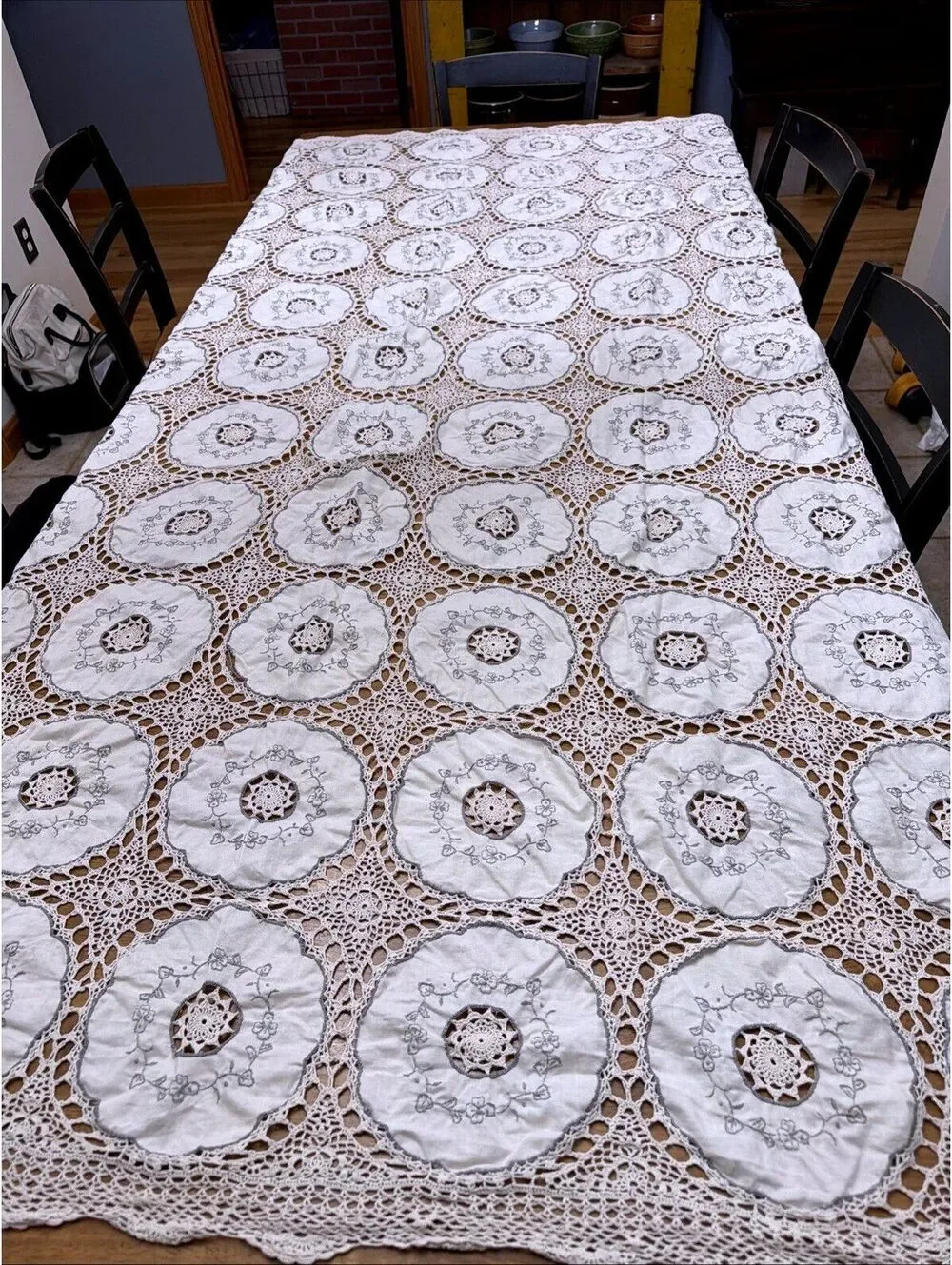 Vintage Hand Crochet & Embroidered White Tablecloth 59x90” Granny Cottage Farm